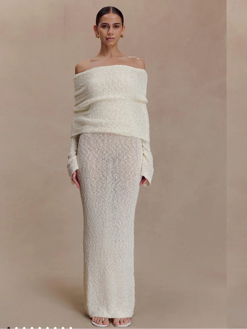 Meshki Cream Off-the-Shoulder Maxi Sweater Dress
